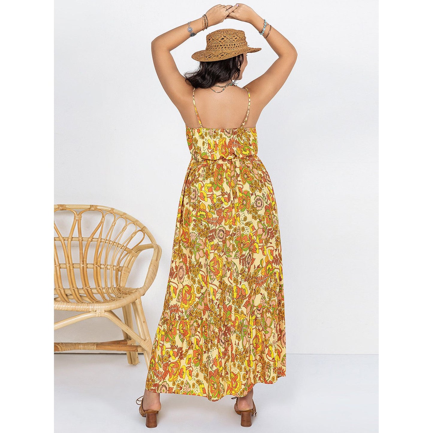 Plus Size Printed V-Neck Maxi Cami Dress