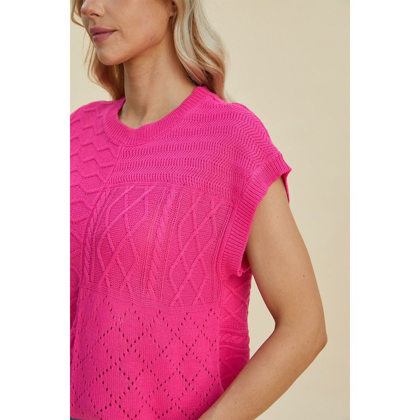 Double Take Full Size Cable-Knit Round Neck Cap Sleeve Sweater