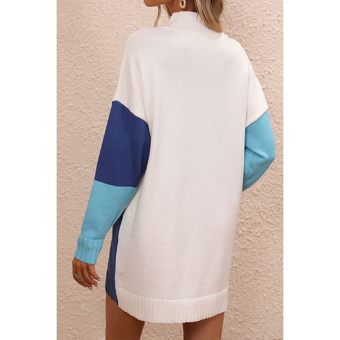 Color Block Mock Neck Dropped Shoulder Sweater Dress