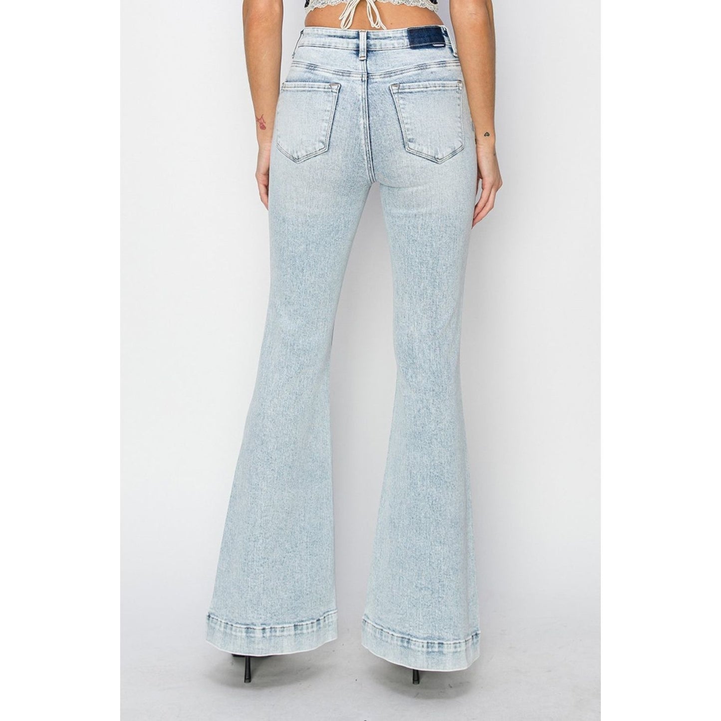 Risen Full Size High Rise Front Patch Pocket Flare Jeans