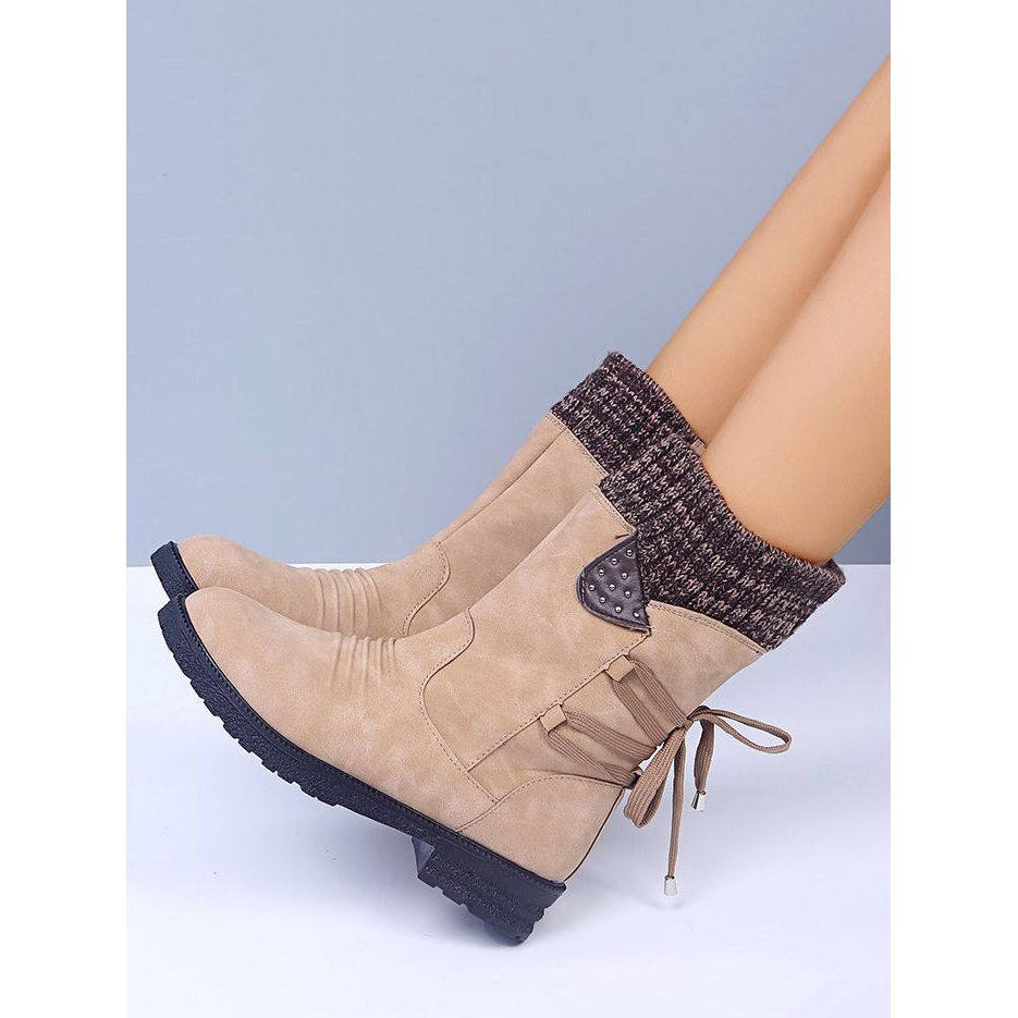 Lace-Up Low Heel Boots with Side Zip