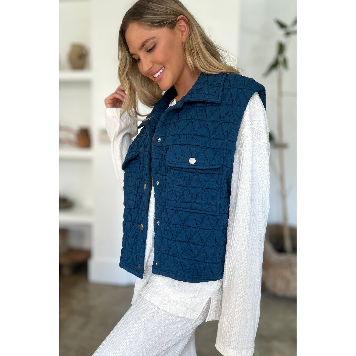 Double Take Full Size Pocketed Texture Snap Down Vest Coat