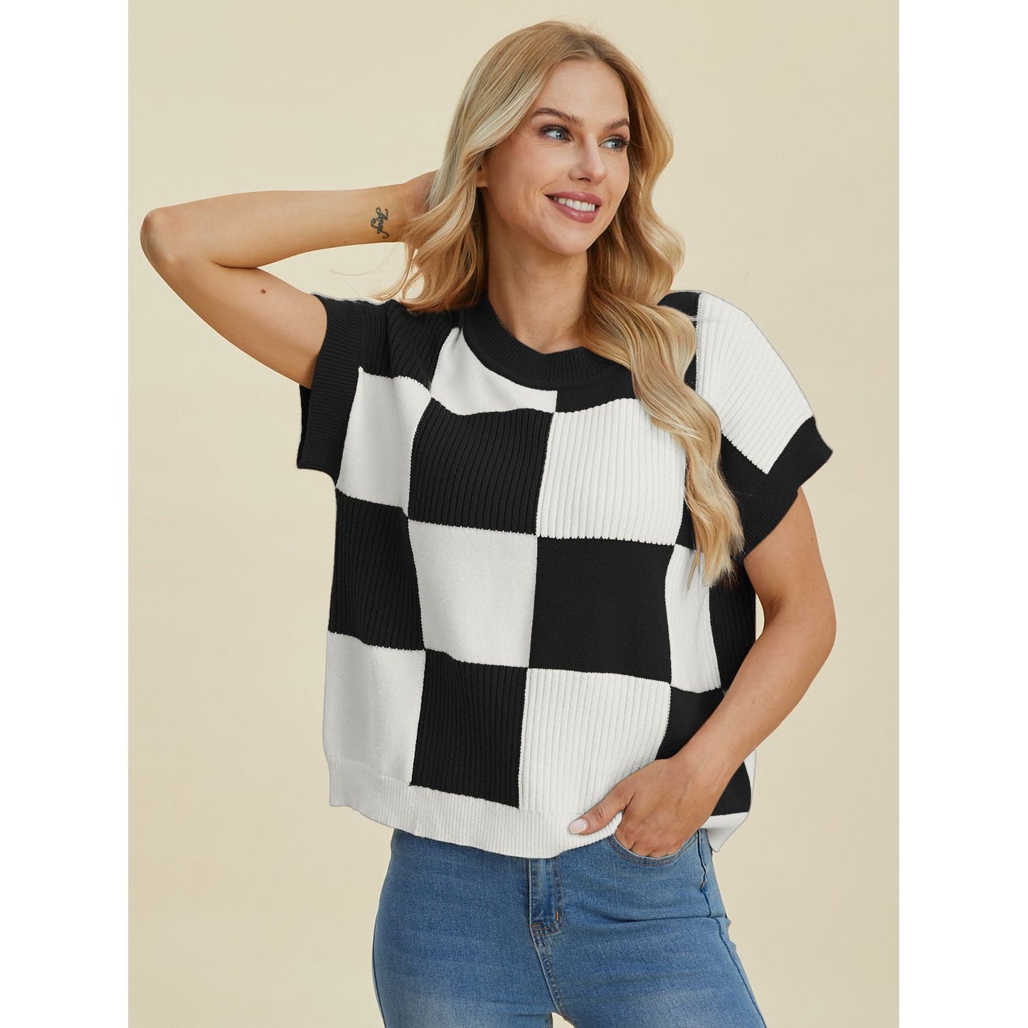 Double Take Full Size Checkered Round Neck Short Sleeve Sweater