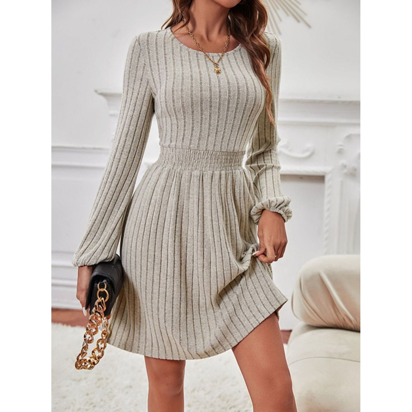 Smocked Round Neck Long Sleeve Knee Length Dress