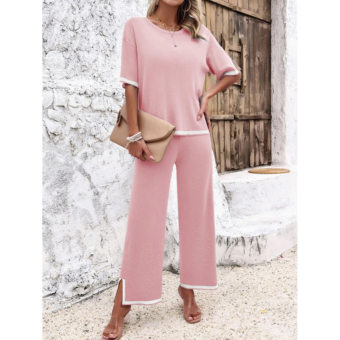 Contrast Trim Round Neck Top and Pants Set