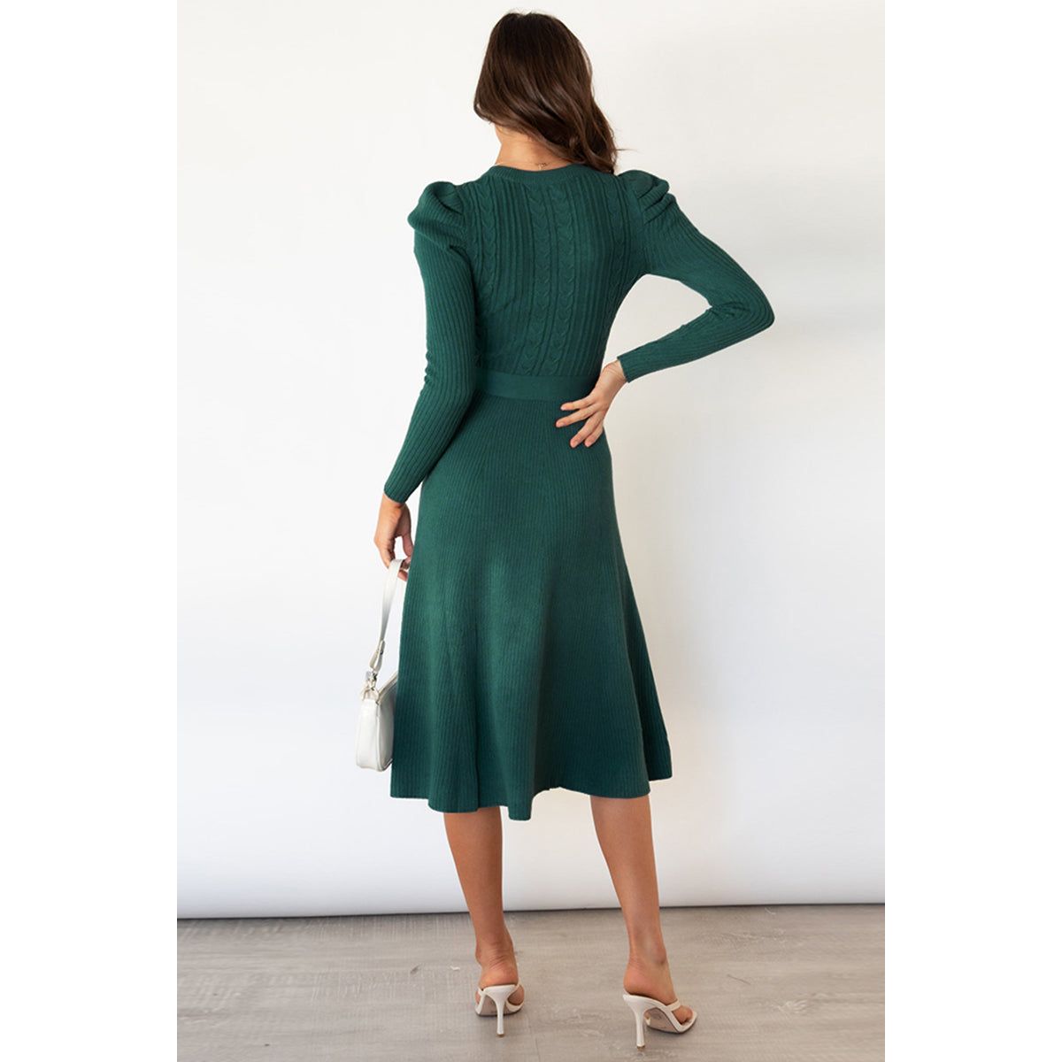 Round Neck Long Sleeve Tie Waist Sweater Dress