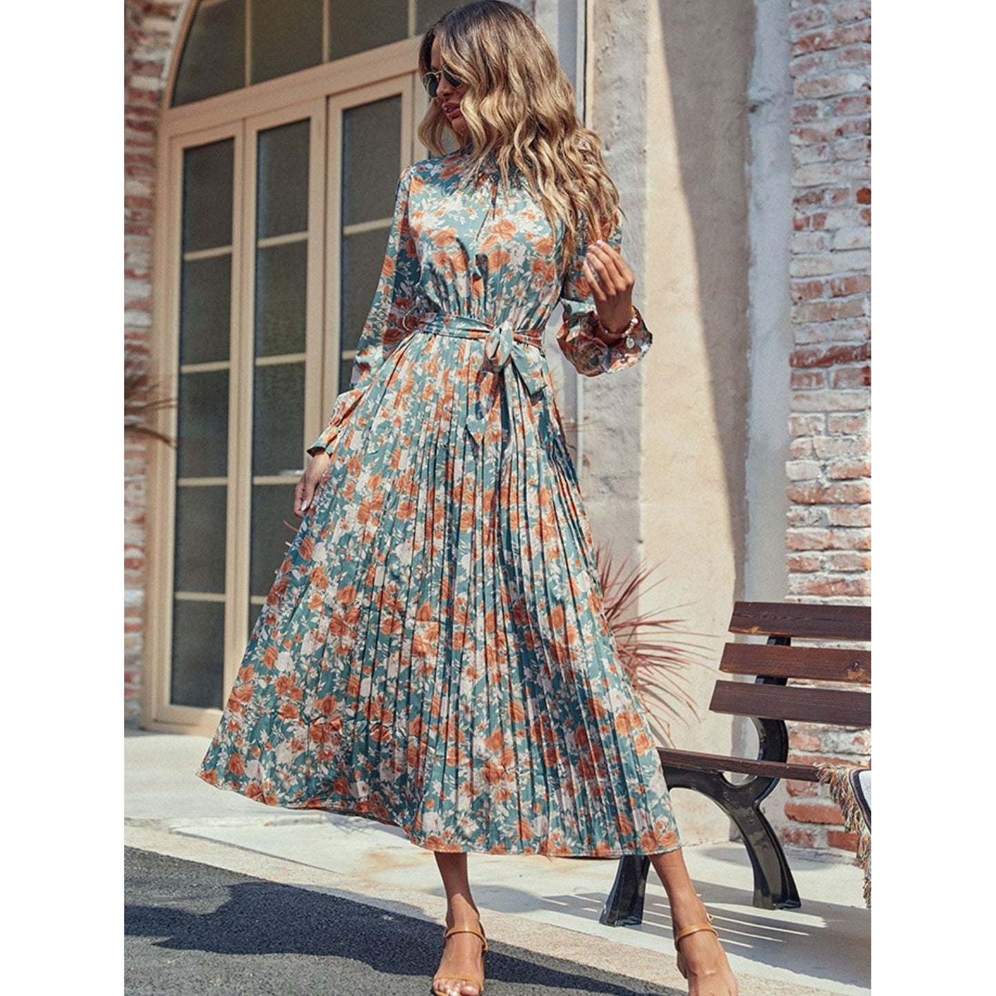 Perfee Tied Pleated Printed Mock Neck Long Sleeve Dress