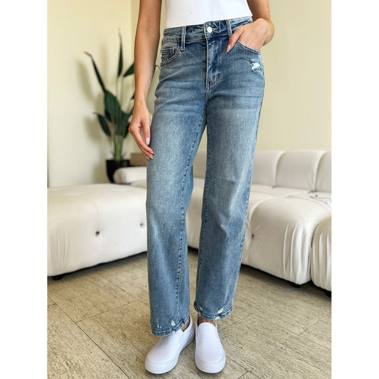 Judy Blue Full Size Mid Rise Distressed Straight Jeans