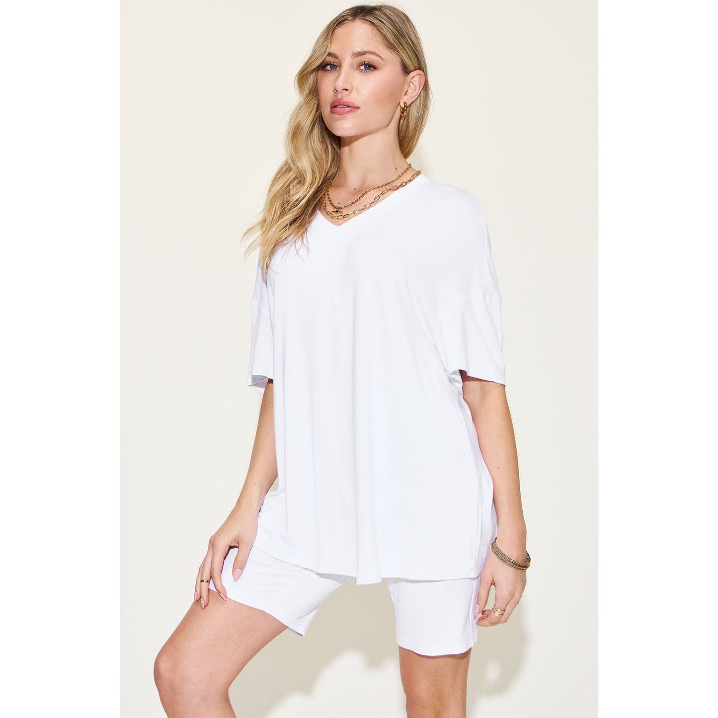 Basic Bae Full Size V-Neck Drop Shoulder T-Shirt and Shorts Set