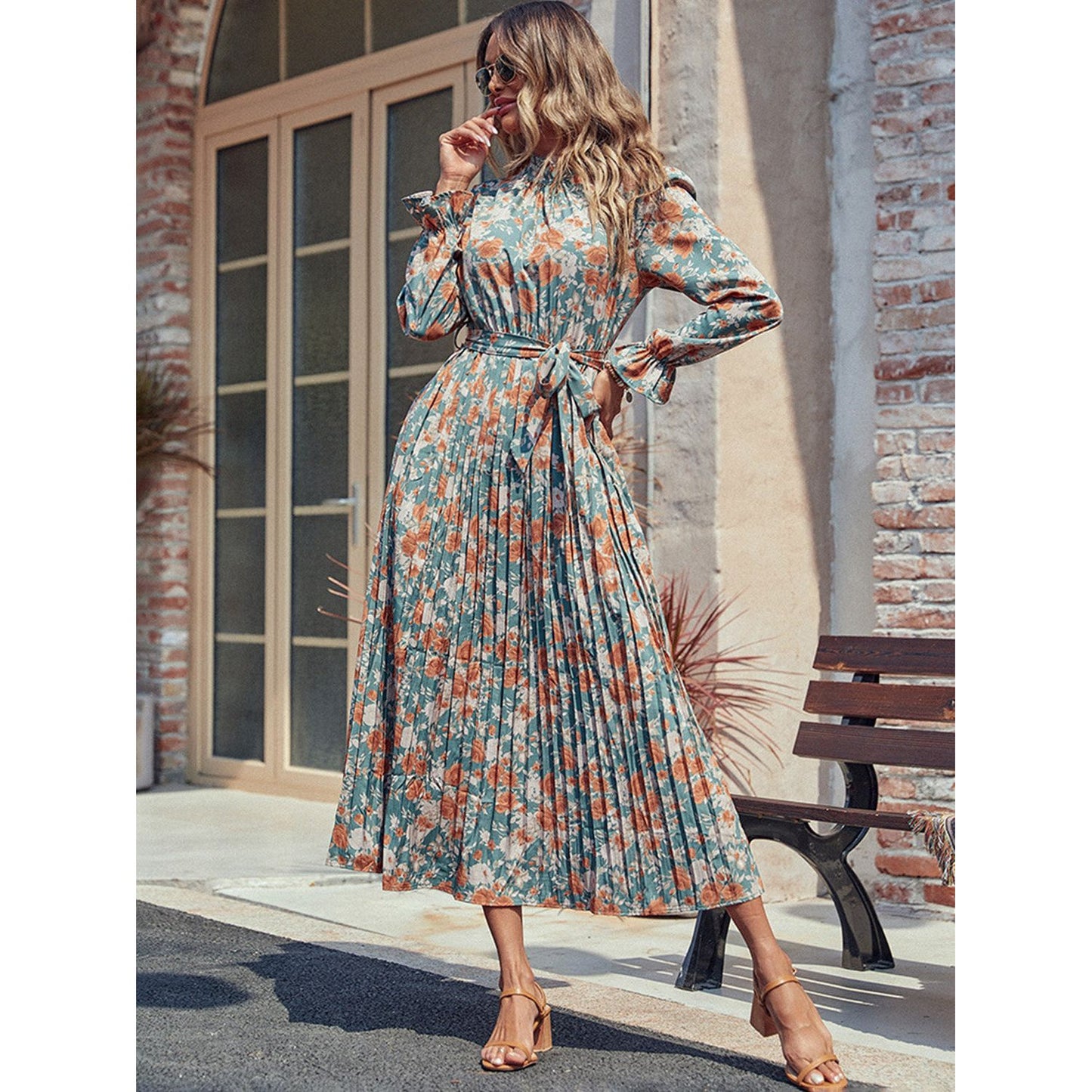 Perfee Tied Pleated Printed Mock Neck Long Sleeve Dress