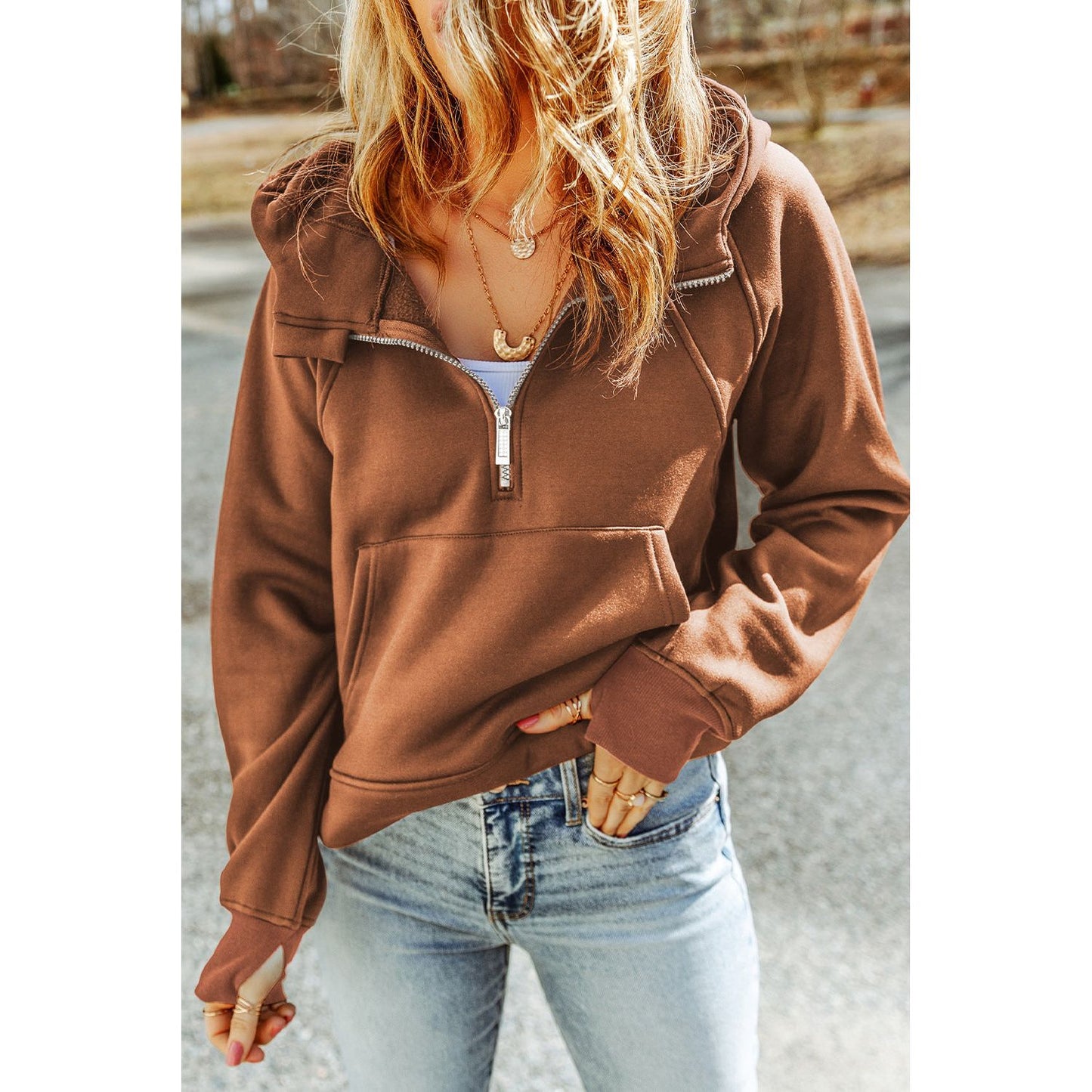 Double Take Half-Zip Thumbhole Sleeve Hoodie