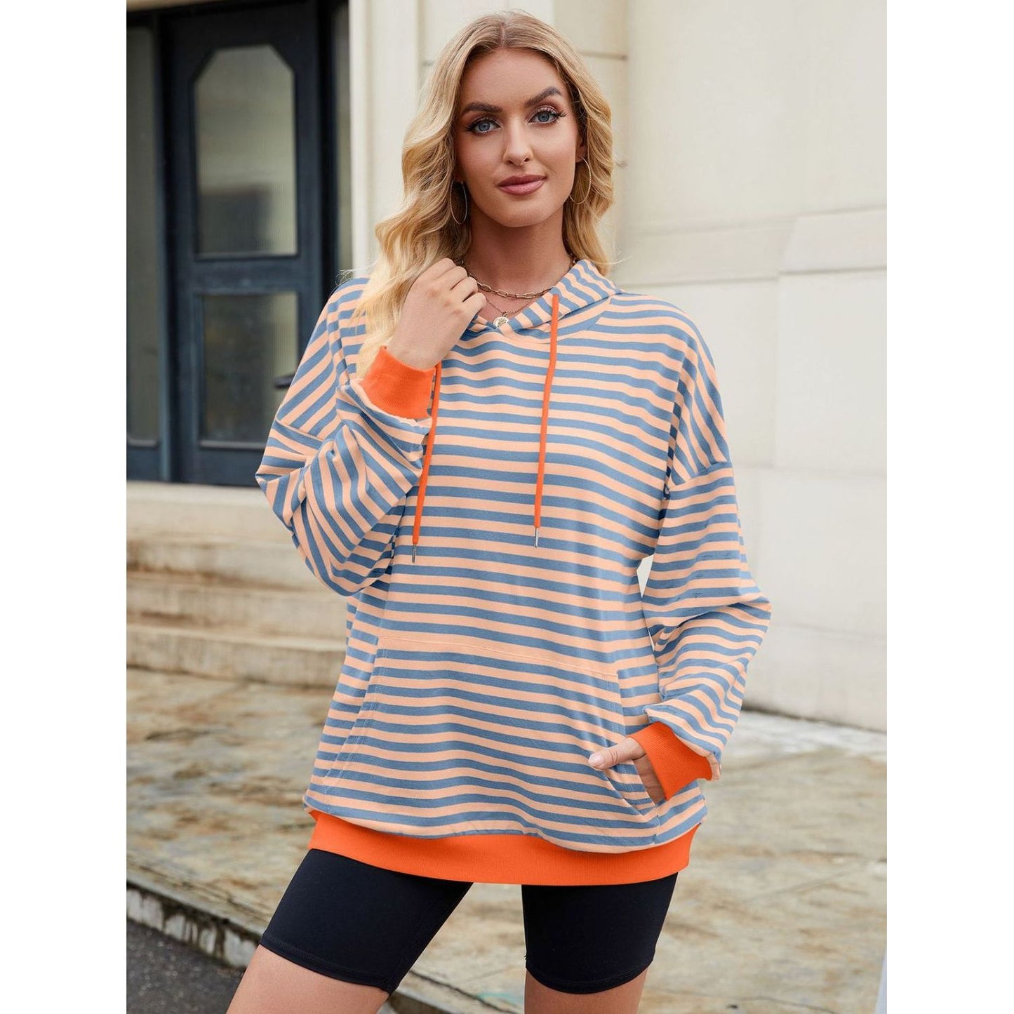 Drawstring Contrast Striped Long Sleeve Hoodie