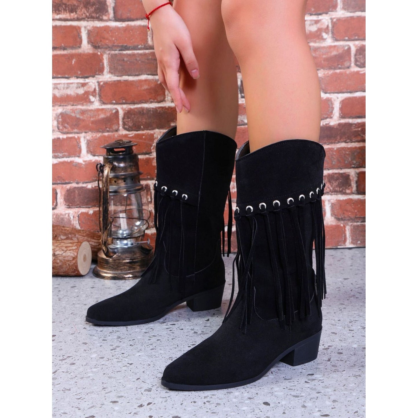 Fringe Suede Point Toe Block Heel Boots