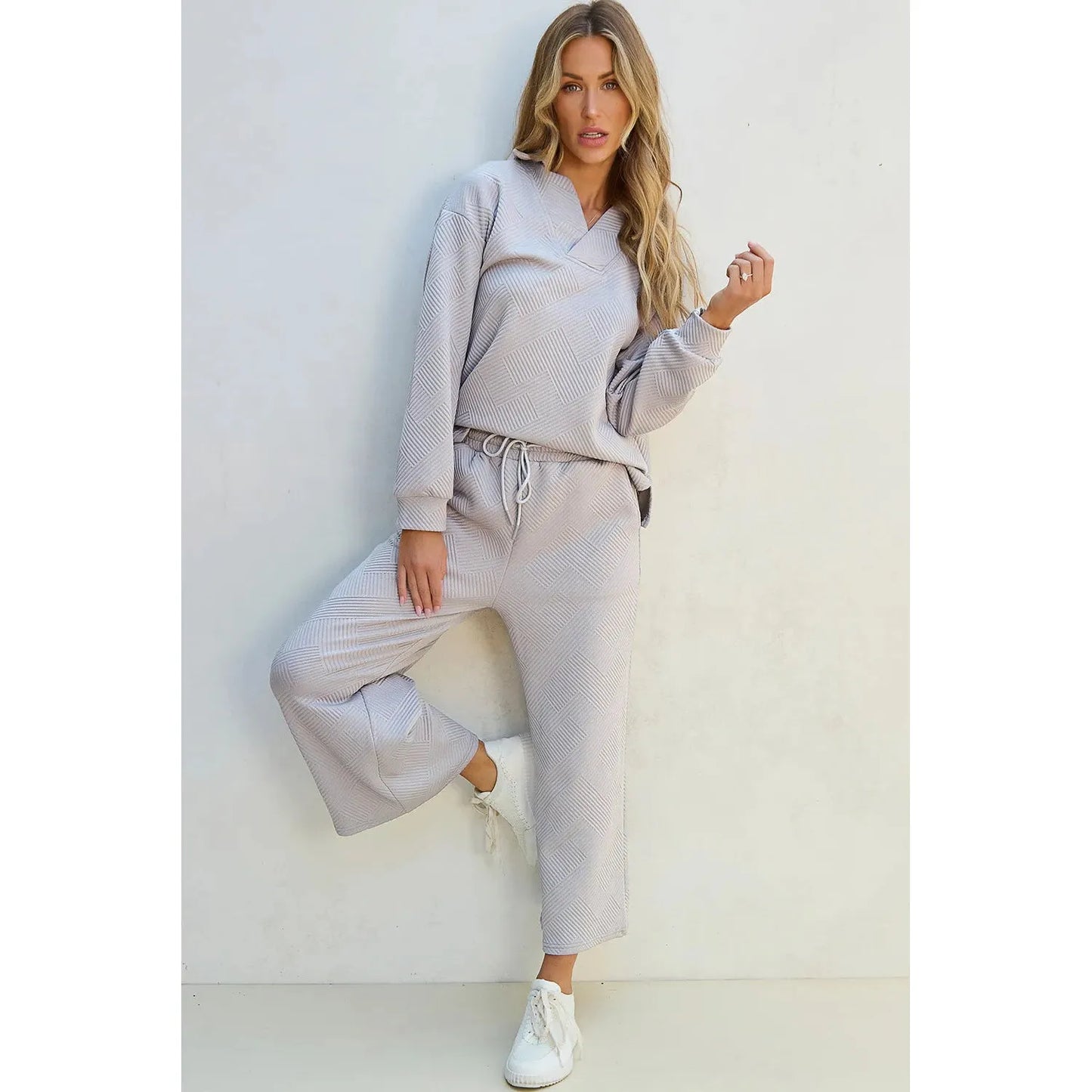 Textured Long Sleeve Top and Drawstring Pants Set