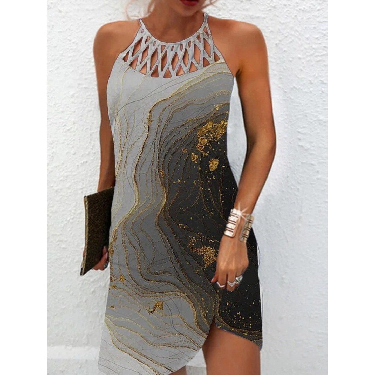 Printed Grecian Neck Mini Dress