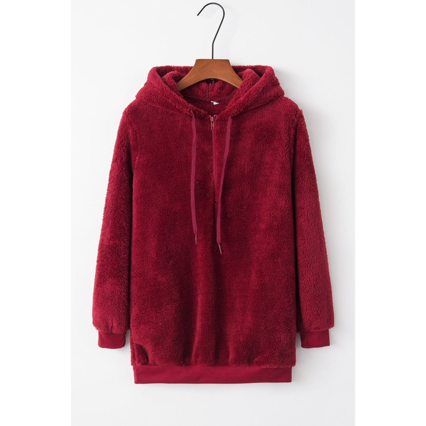 Full Size Quarter-Zip Drawstring Teddy Hoodie