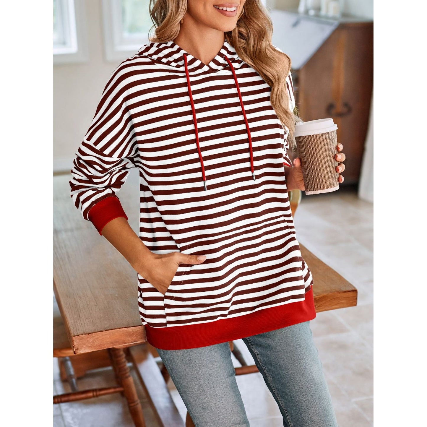 Lovelet Drawstring Striped Long Sleeve Hoodie