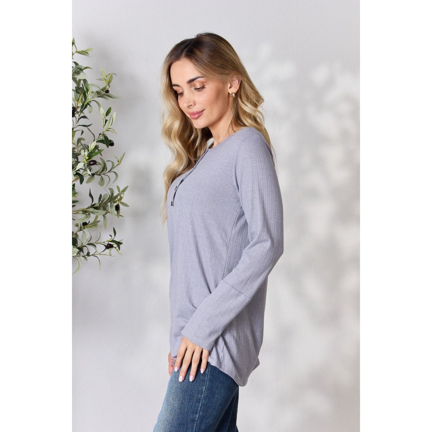 Heimish Full Size Texture Half Button Long Sleeve Top