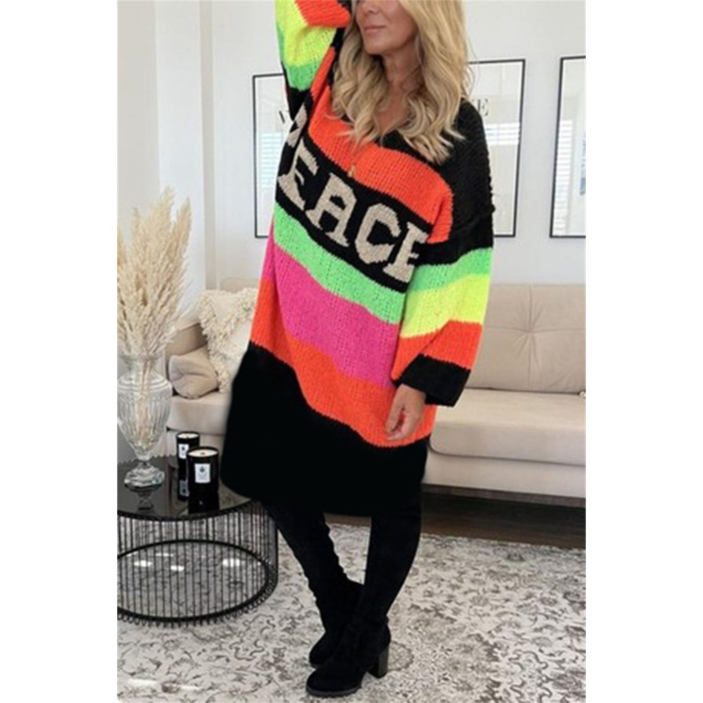 Color Block V-Neck Long Sleeve Sweater Dress