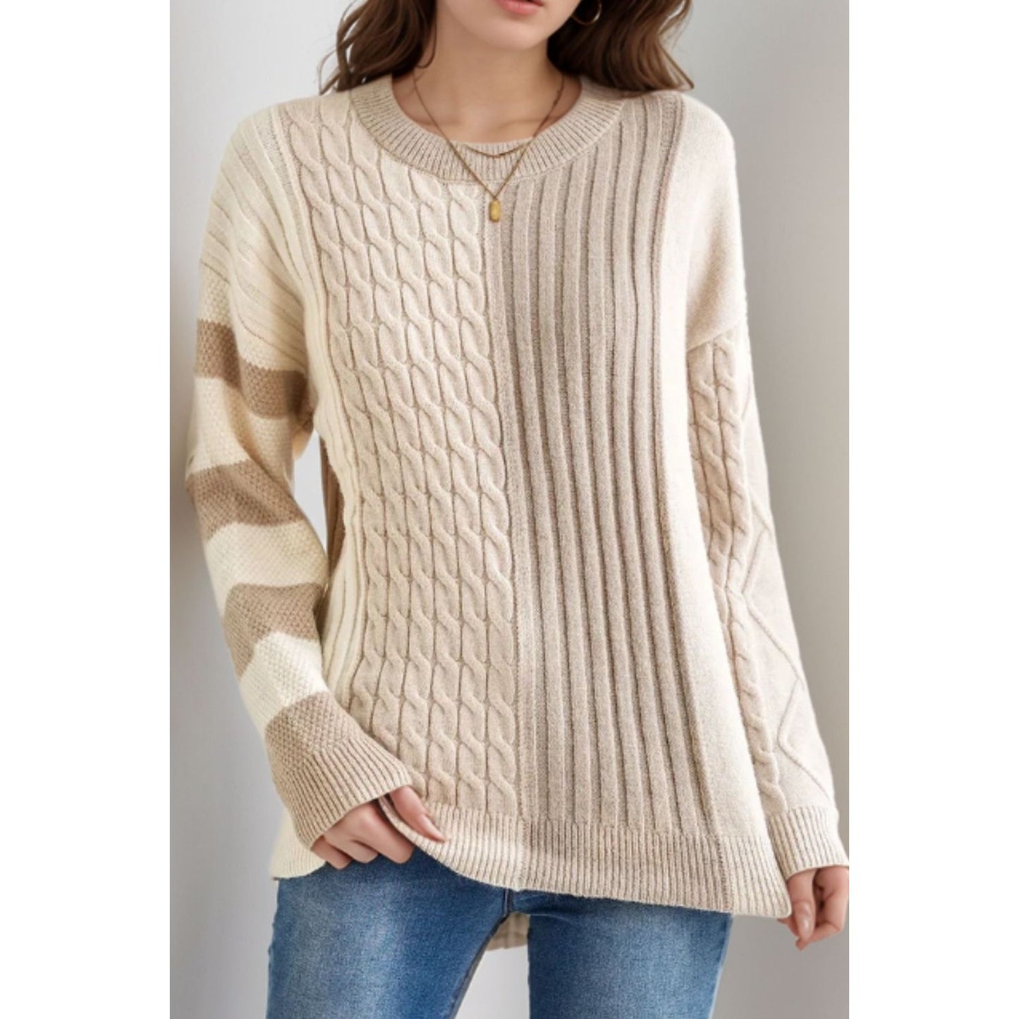 Cable-Knit Color Block Round Neck Sweater