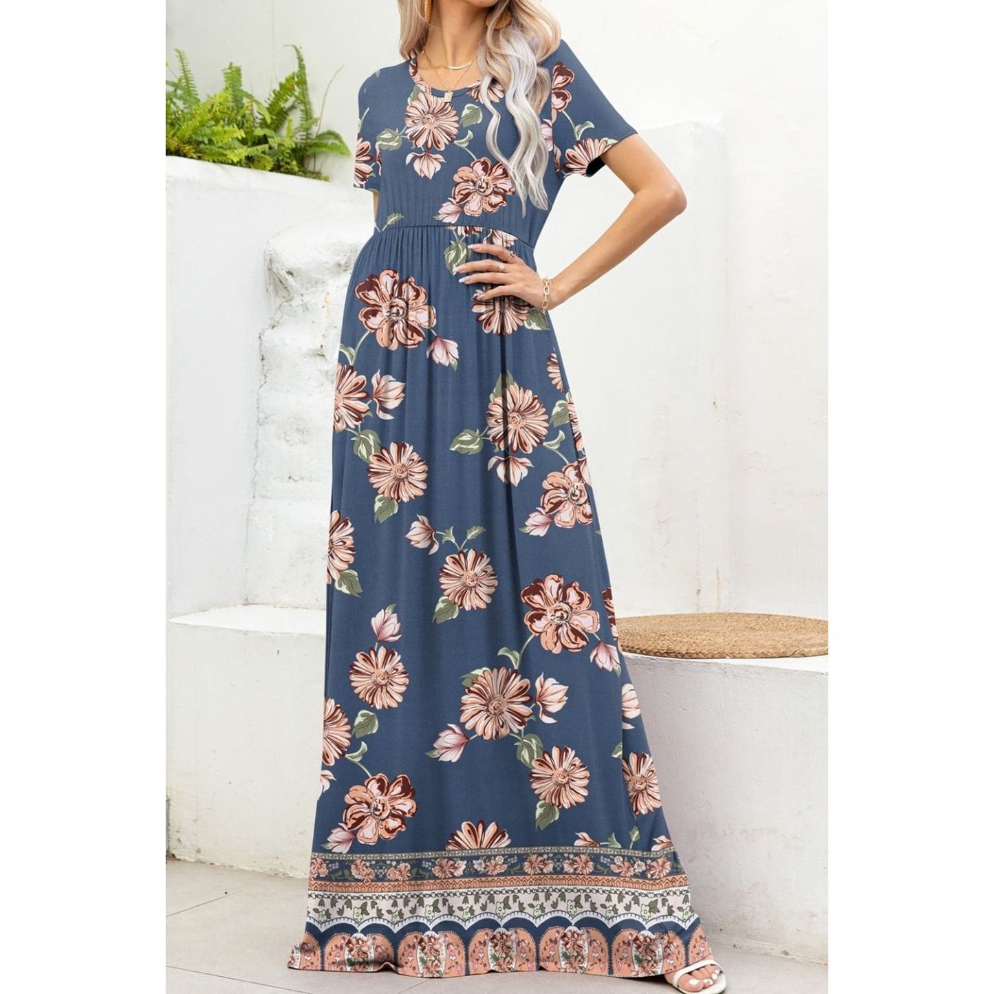 Printed Round Neck Short Sleeve Maxi Dress