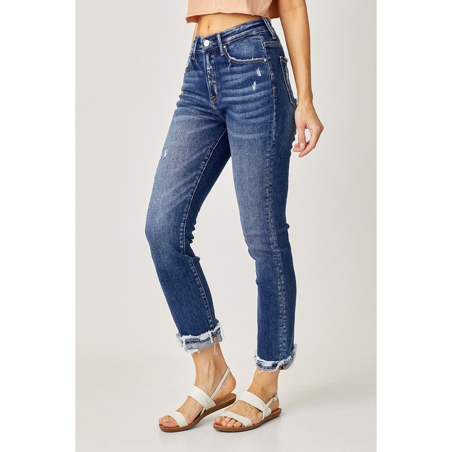 Risen Full Size High-Rise Frayed Cuffed Straight Jeans