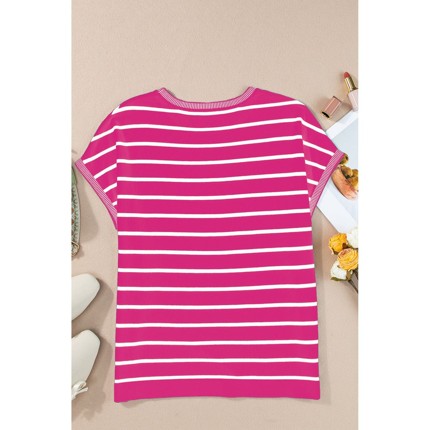 Striped Round Neck Cap Sleeve Knit Top