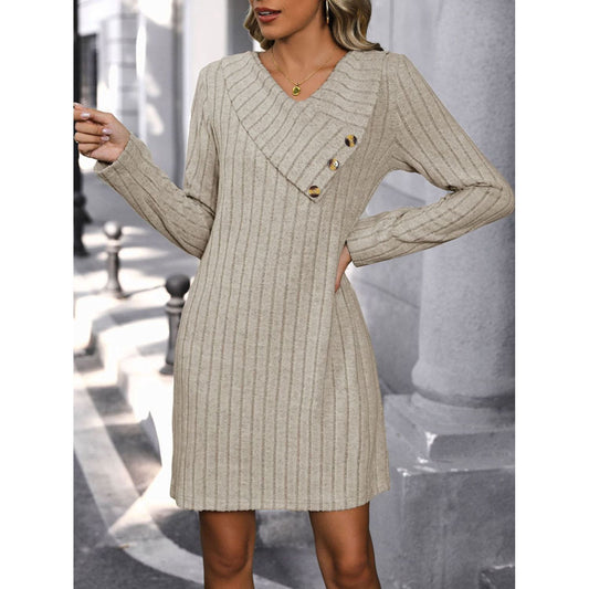 Perfee V-Neck Long Sleeve Knit Dress