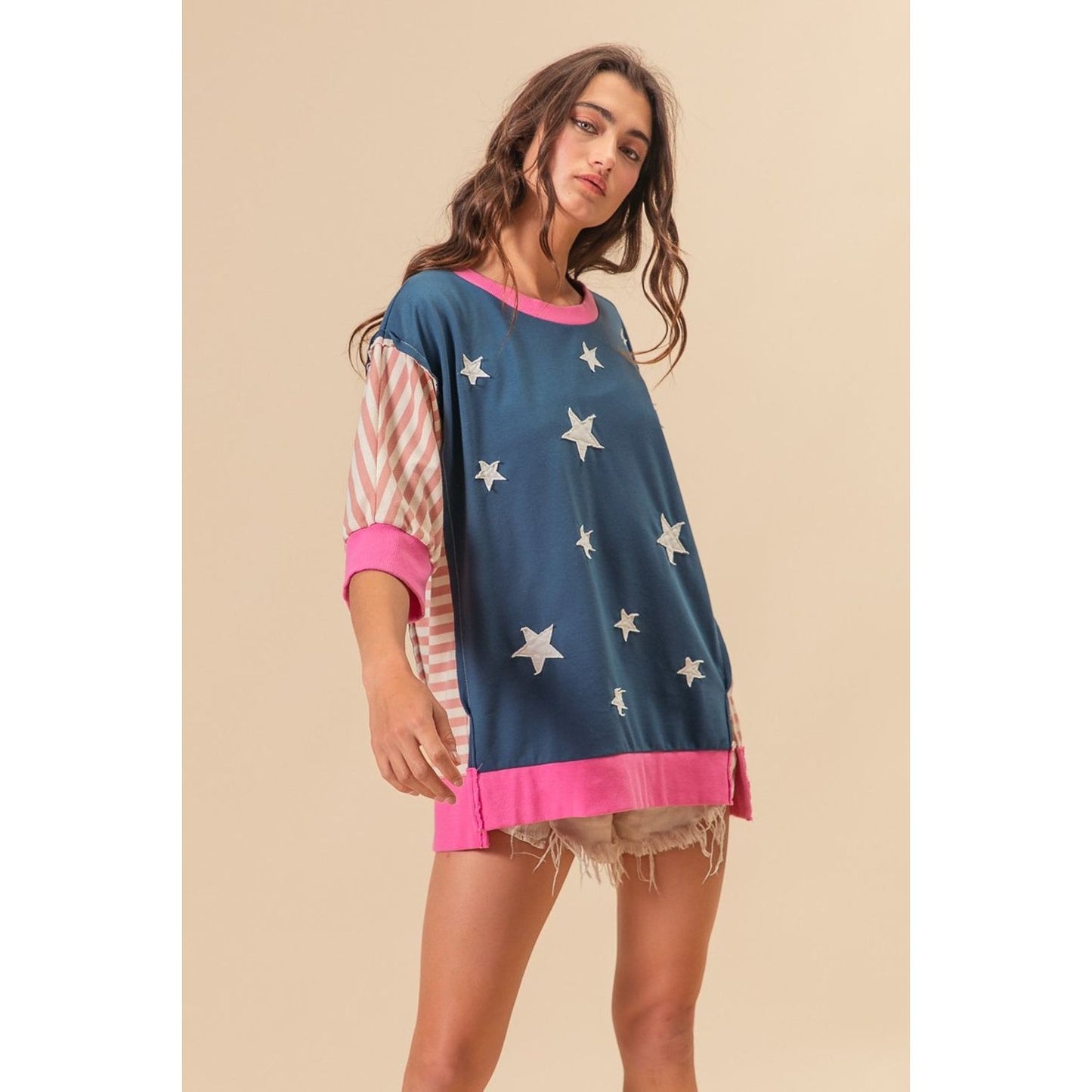 BiBi US Flag Theme Color Block Star Patch T-Shirt