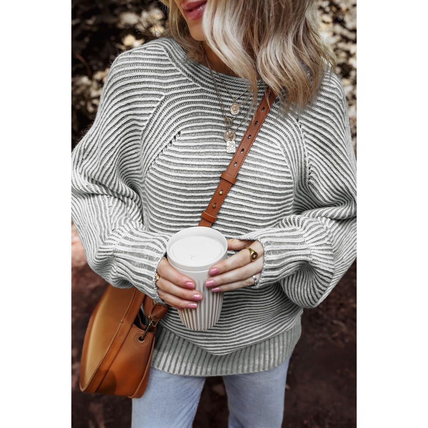 Textured Striped Round Neck Long Sleeve Top