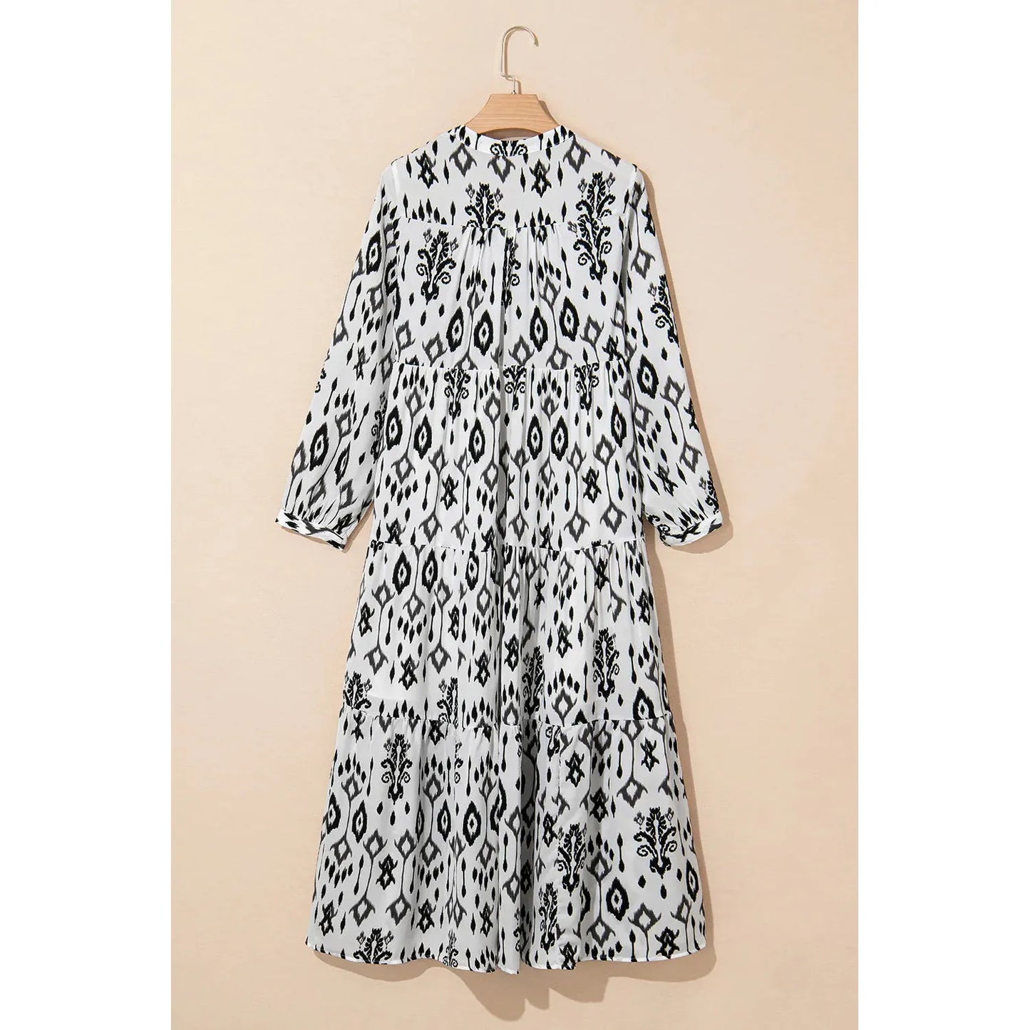 Tiered Printed Notched Long Sleeve Midi Dress