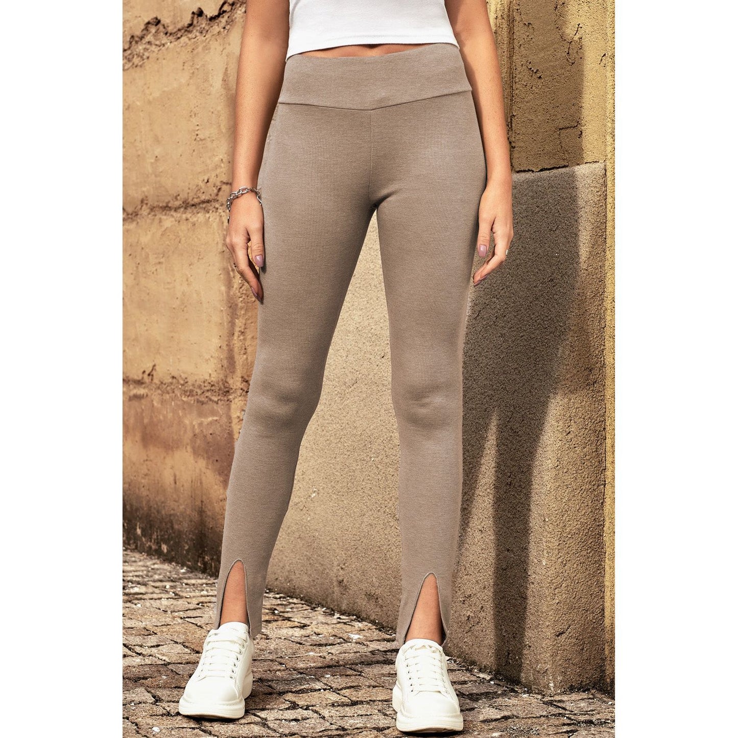 High Waist Ribbed Slit Leggings