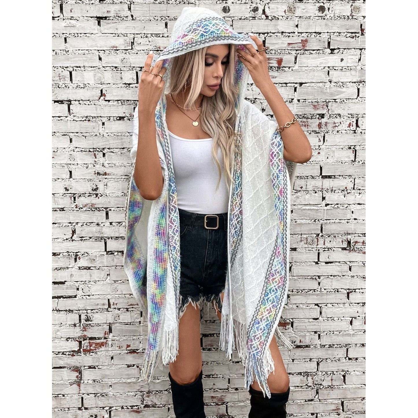 Fringe Half Sleeve Hooded Poncho