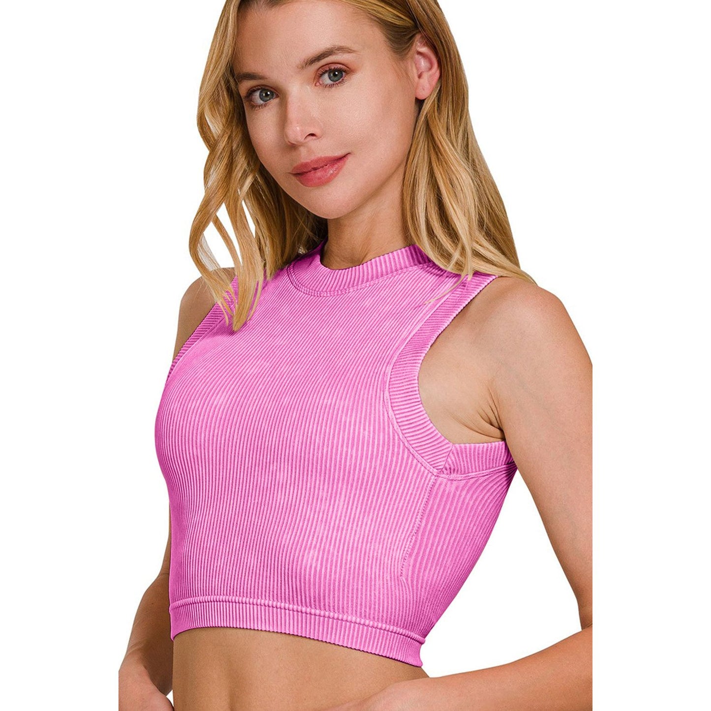 Zenana Washed Ribbed Seamless Crop Tank with Bra Pad