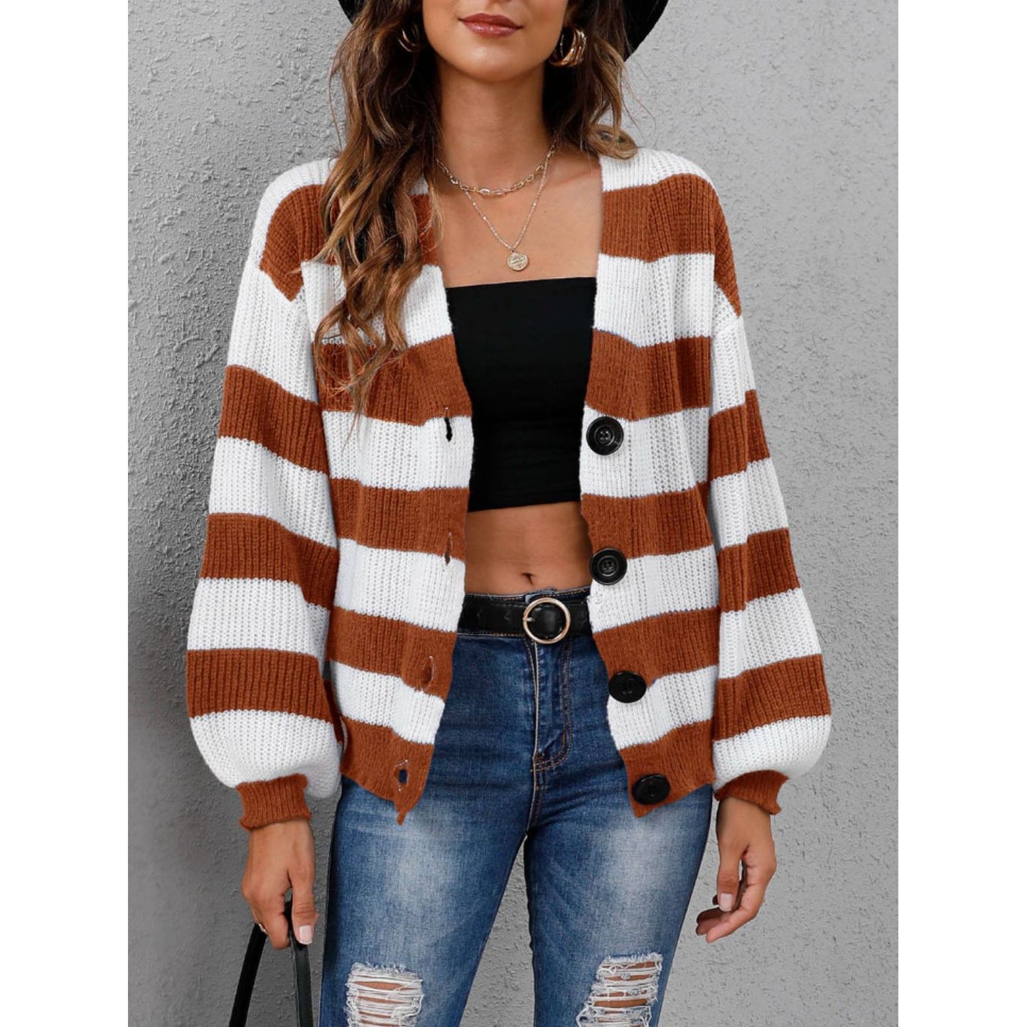 Striped Button Up Long Sleeve Sweater