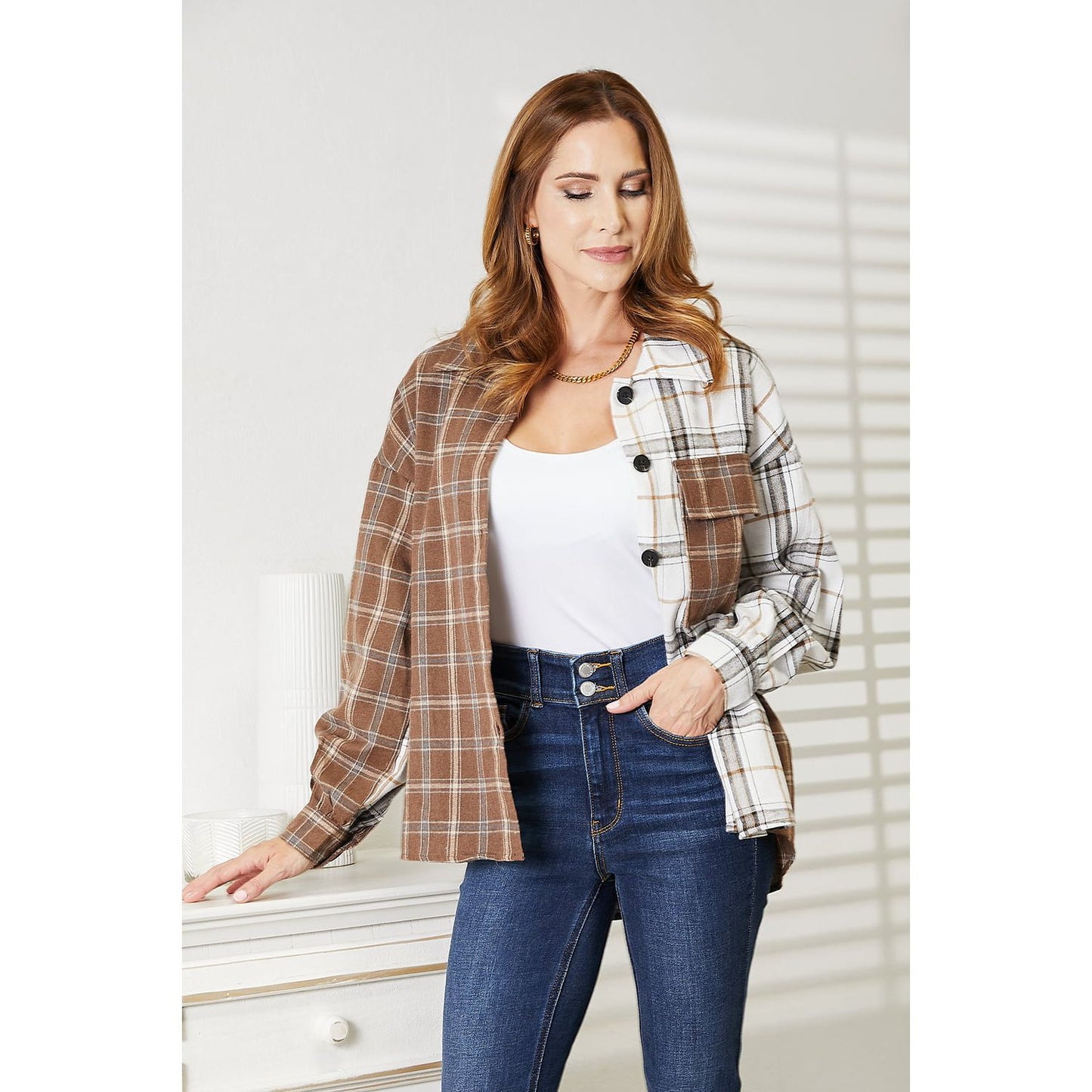 Double Take Plaid Contrast Button Up Shirt Jacket