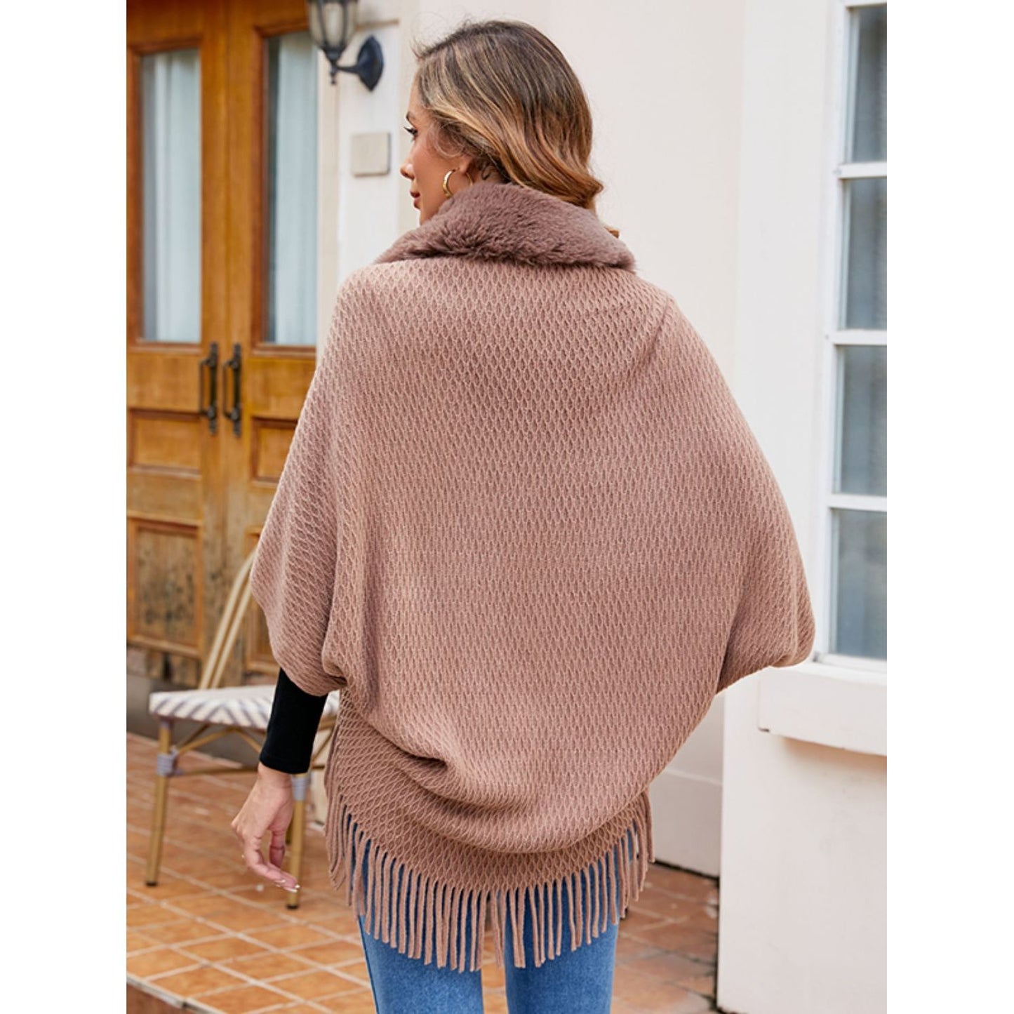 Open Front Fringe Hem Poncho