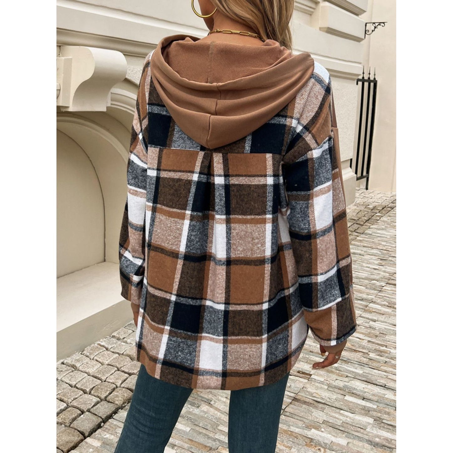 Devine Drawstring Plaid Long Sleeve Hoodie