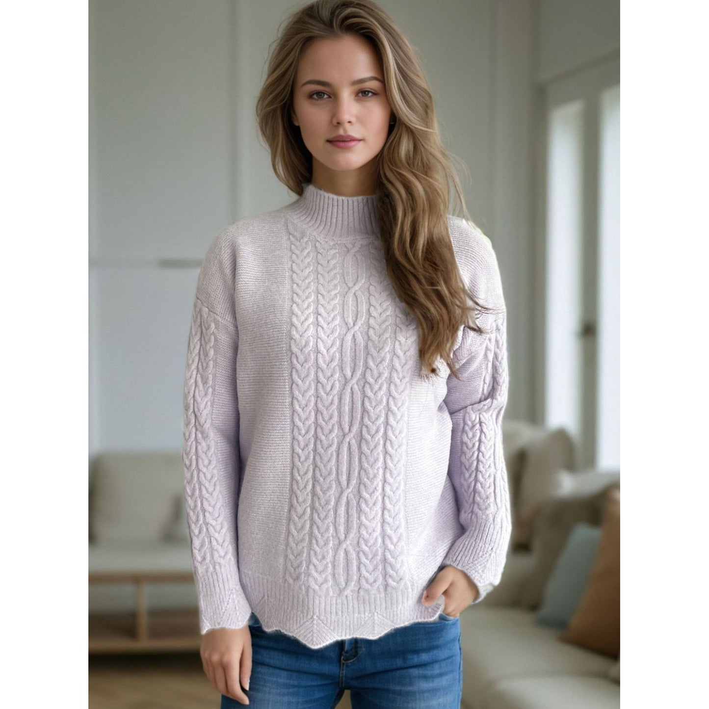 Cable-Knit Mock Neck Dropped Shoulder Sweater