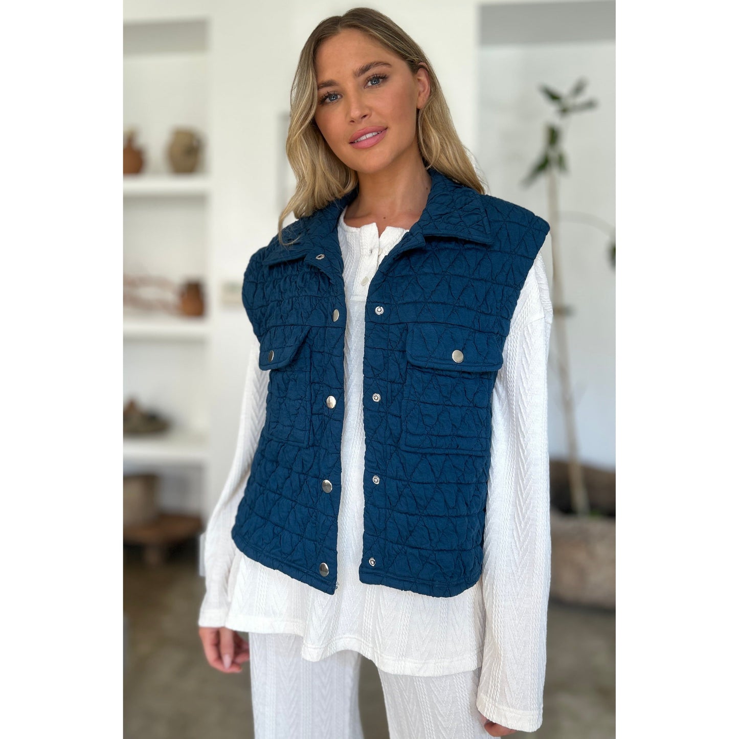 Double Take Full Size Pocketed Texture Snap Down Vest Coat