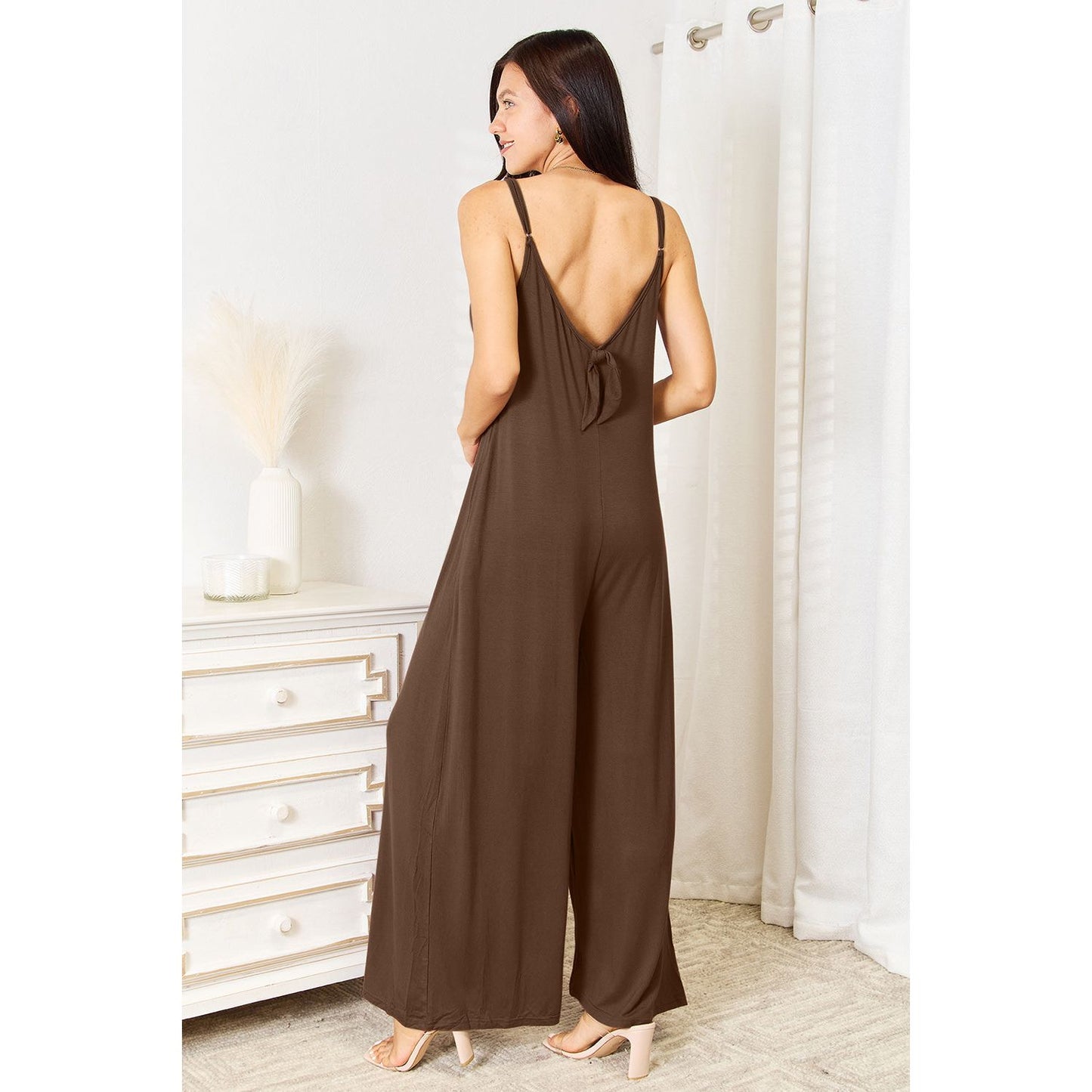 Double Take Full Size Soft Rayon Spaghetti Strap Tied Wide Leg Jumpsuit