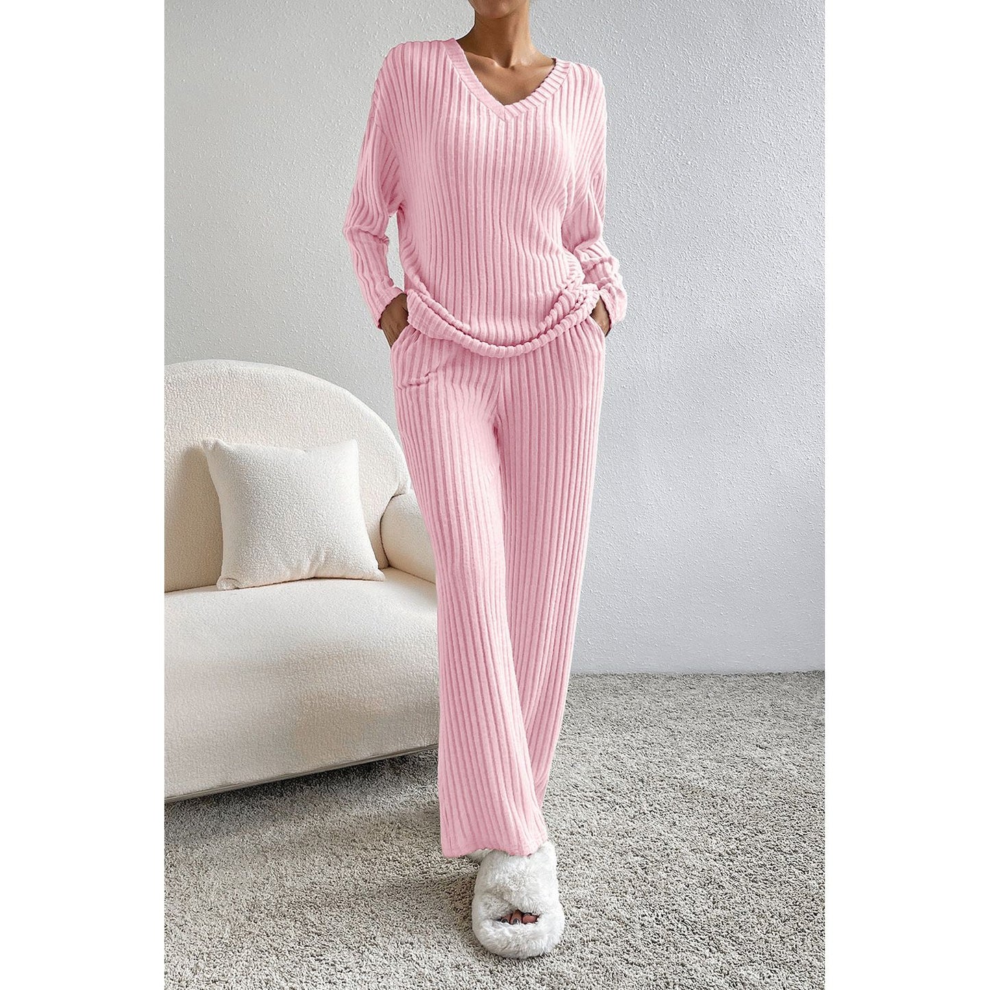 Ribbed V-Neck Top and Pants Lounge Set