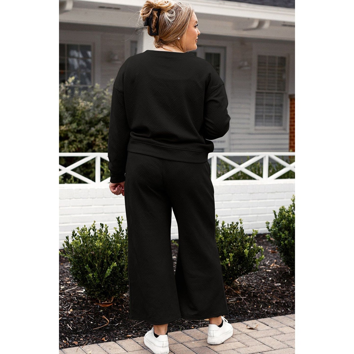 Double Take Full Size Textured Long Sleeve Top and Drawstring Pants Set