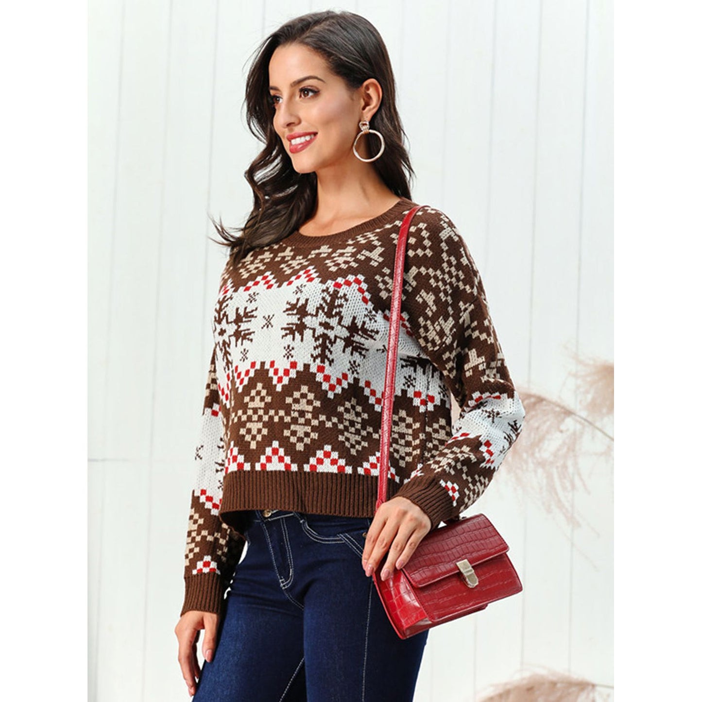 Snowflake Pattern Round Neck Sweater