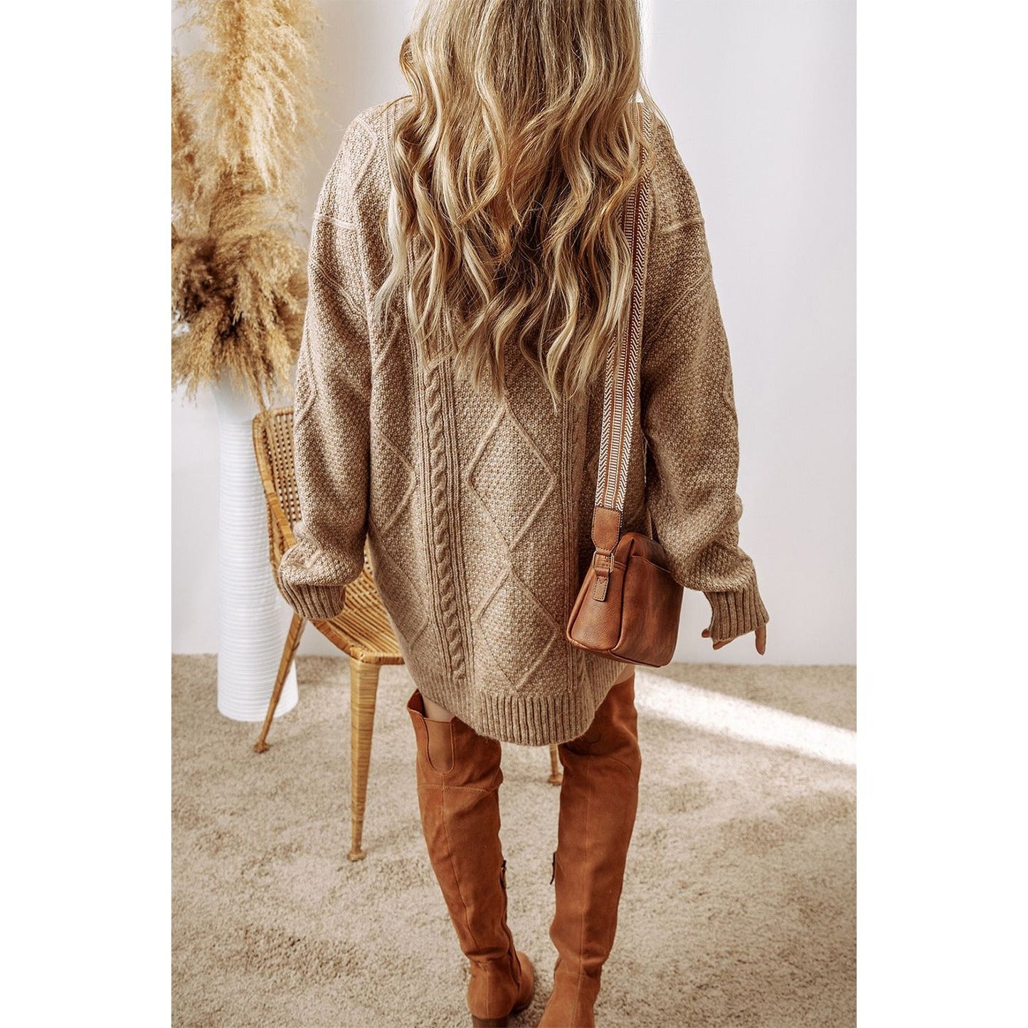 Cable-Knit Round Neck Sweater Dress