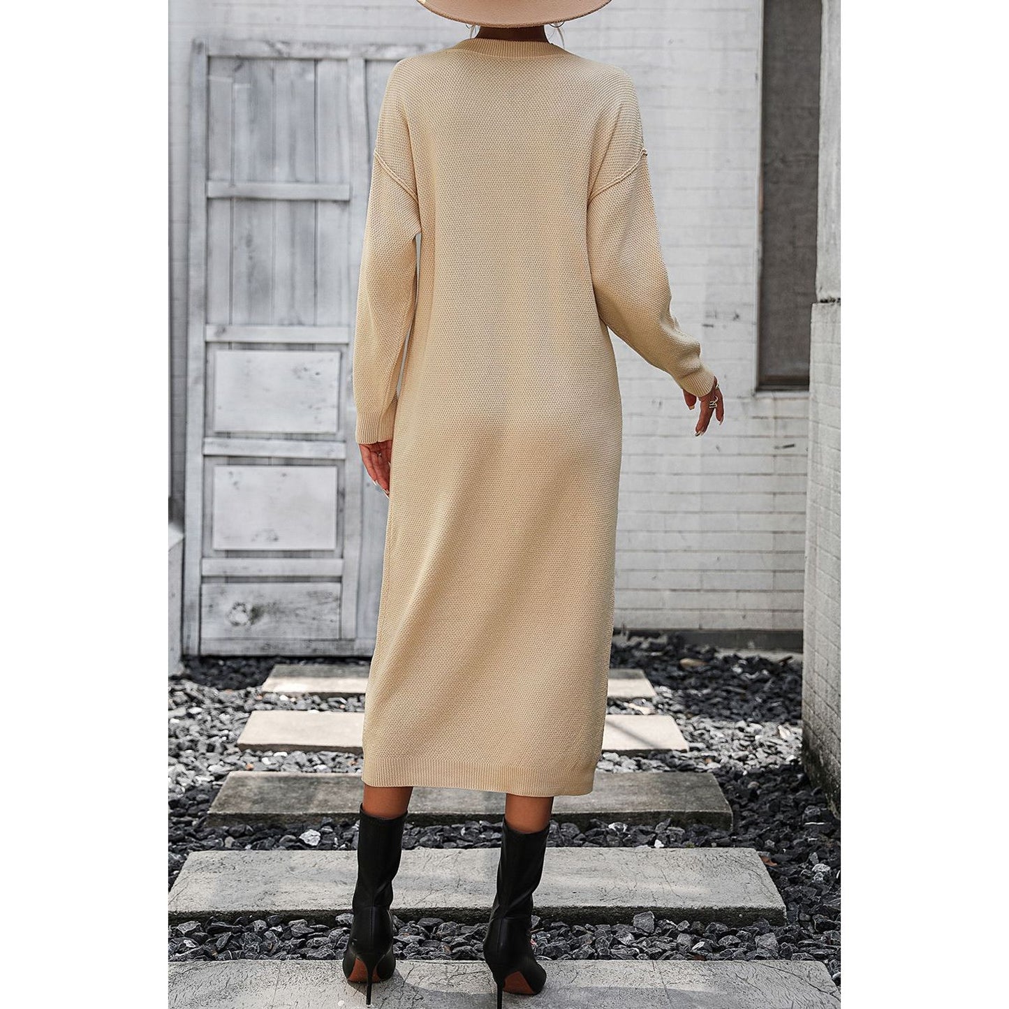 Decorative Button Notched Dropped Shoulder Sweater Dress