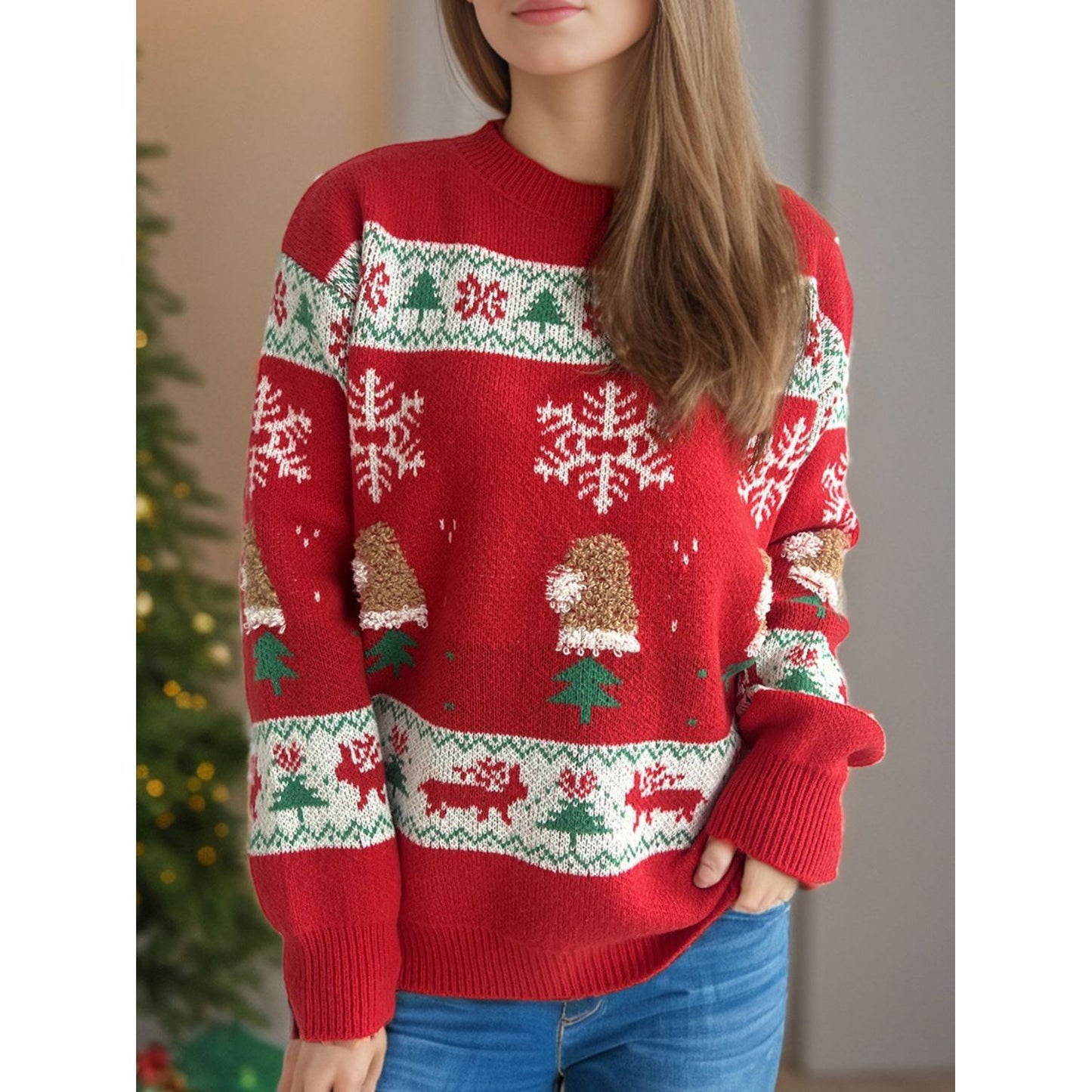 Christmas Element Round Neck Long Sleeve Sweater