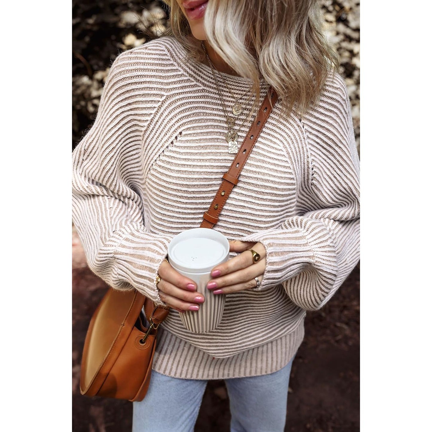 Textured Striped Round Neck Long Sleeve Top