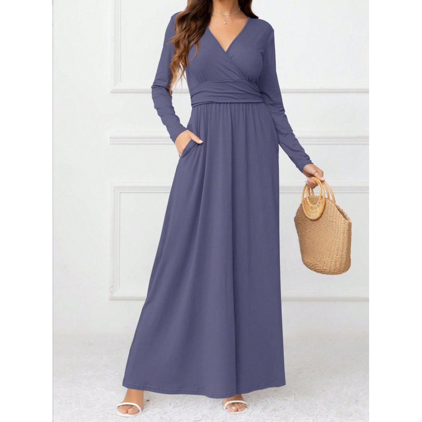 Pocketed Surplice Long Sleeve Maxi Dress