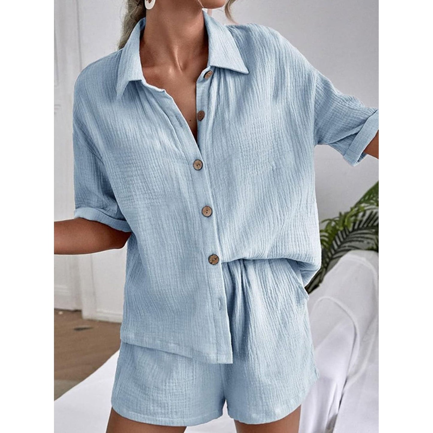 Button Up Short Sleeve Top and Shorts Set